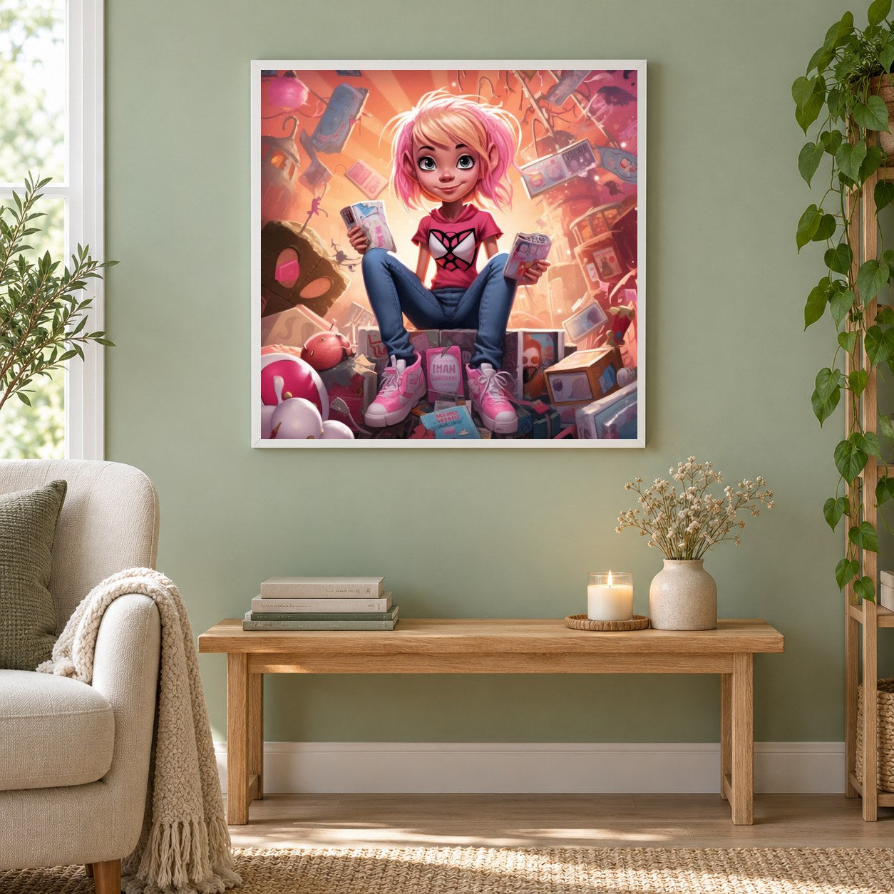 Willst du mit mir spielen? als gerahmtes Diamond Painting im Wohnzimmer