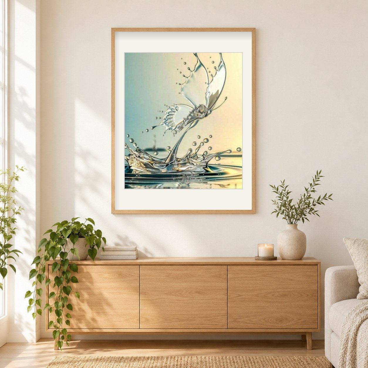 Wasser Schmetterling als gerahmtes Diamond Painting im Wohnzimmer