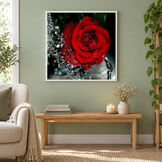 Wasser spritzt auf rote Rose als gerahmtes Diamond Painting im Wohnzimmer