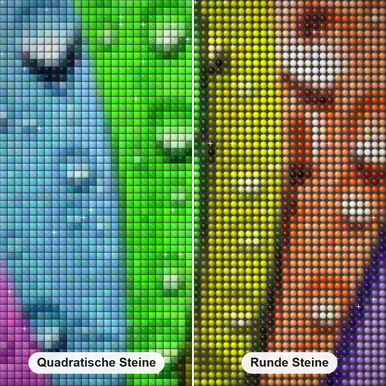 Wassertropfen auf bunten Blütenblättern Diamond Painting Nahaufnahme mit quadratischen und runden Steinen