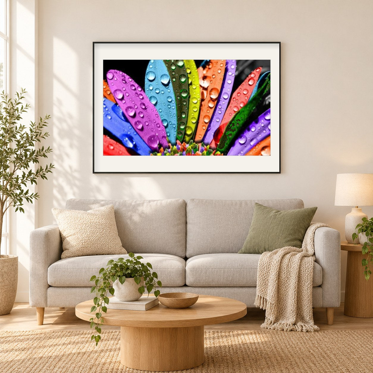 Wassertropfen auf bunten Blütenblättern als gerahmtes Diamond Painting im Wohnzimmer