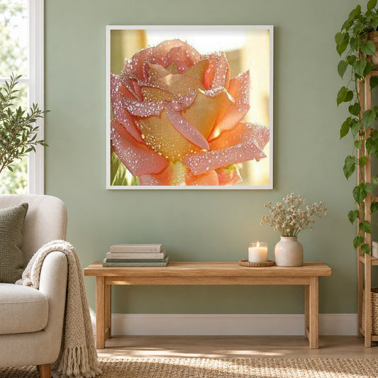 Wassertropfen auf Rose als gerahmtes Diamond Painting im Wohnzimmer