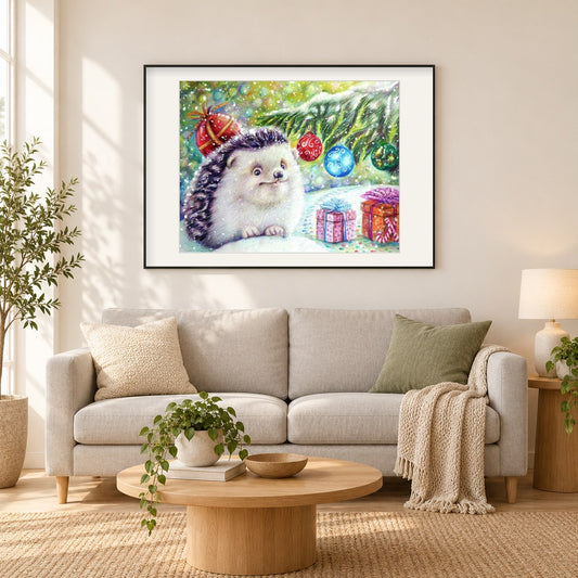 Weihnachtsigel als gerahmtes Diamond Painting im Wohnzimmer