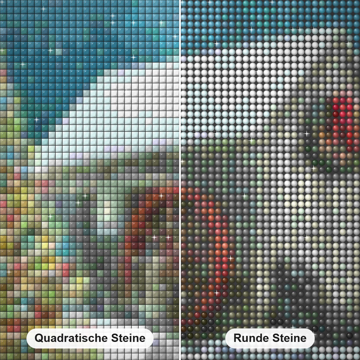 Weihnachtsbaum & Winterhütte Diamond Painting Nahaufnahme mit quadratischen und runden Steinen
