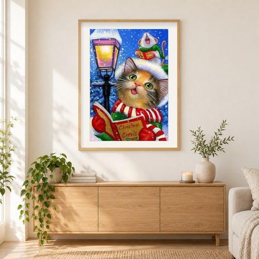 Weihnachtskatze mit Liederbuch als gerahmtes Diamond Painting im Wohnzimmer
