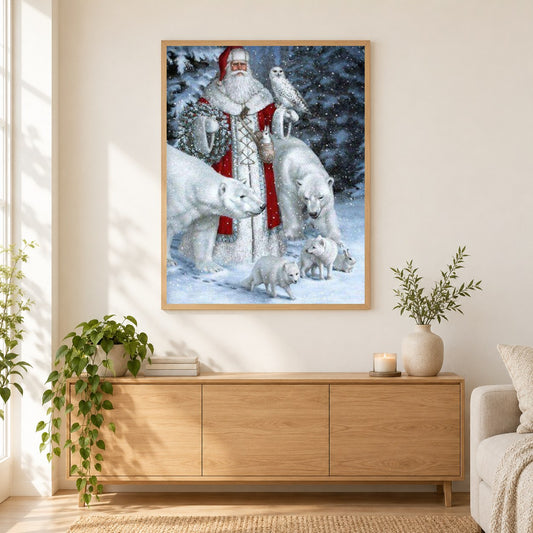 Weihnachtsmann mit Tieren & Eule als gerahmtes Diamond Painting im Wohnzimmer