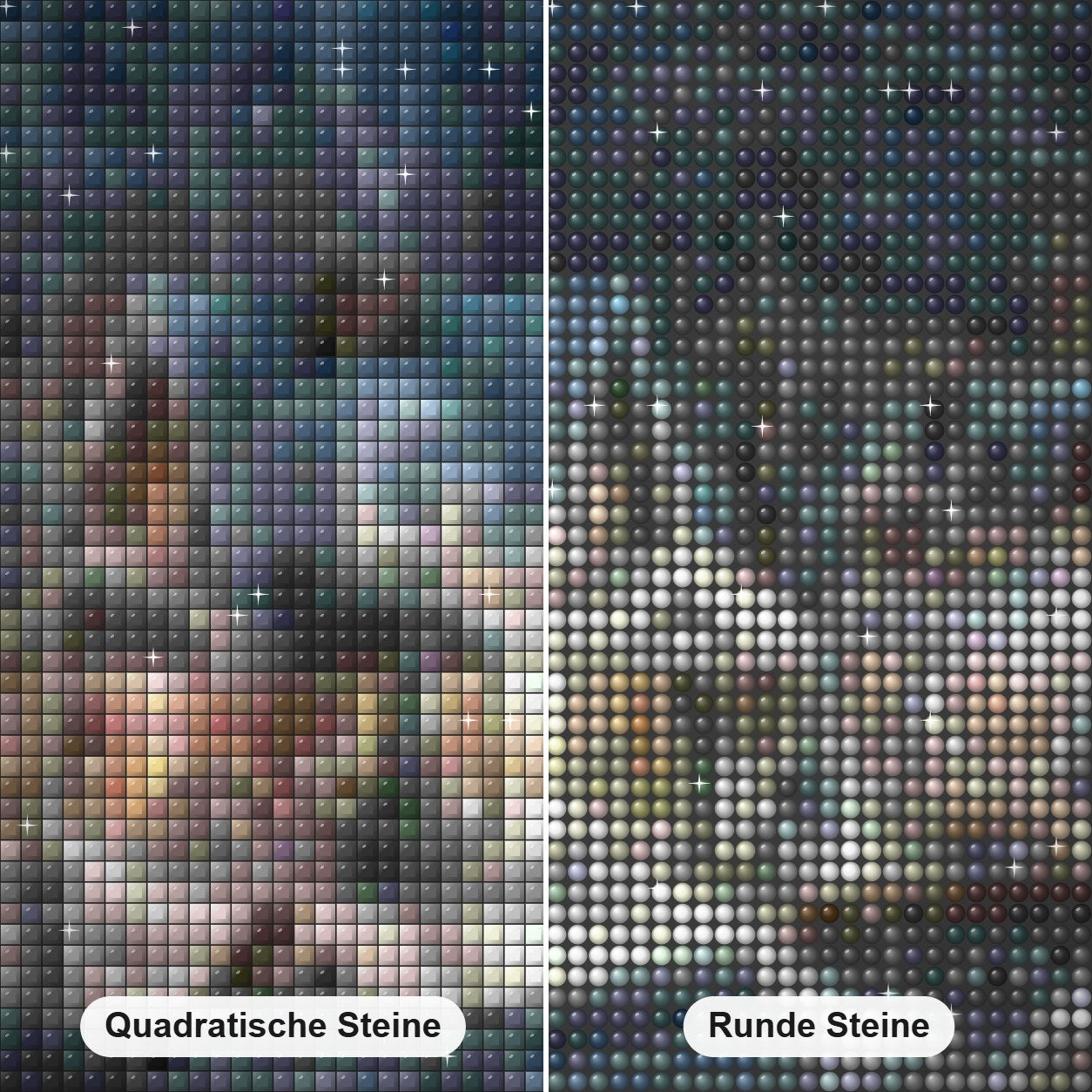 Weihnachtszeit Schneeszene. Diamond Painting Nahaufnahme mit quadratischen und runden Steinen