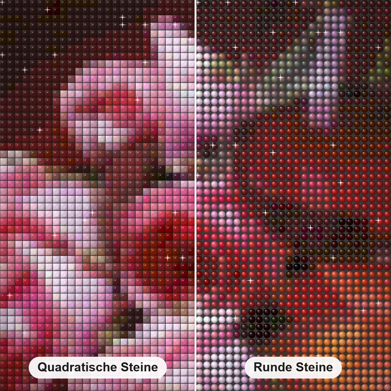 Wein & Rosen Diamond Painting Nahaufnahme mit quadratischen und runden Steinen