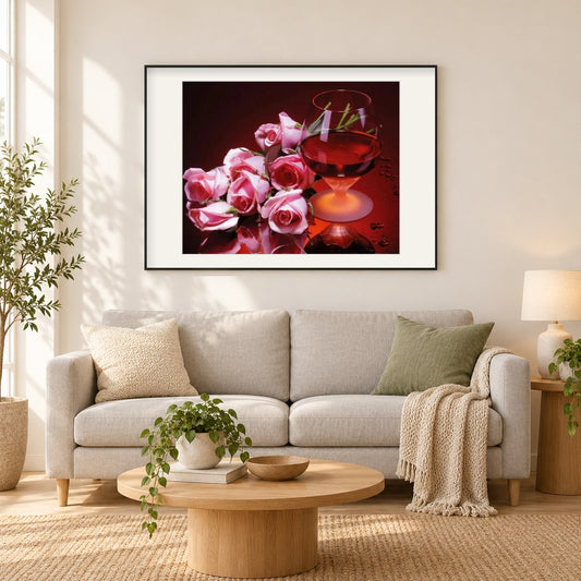 Wein & Rosen als gerahmtes Diamond Painting im Wohnzimmer