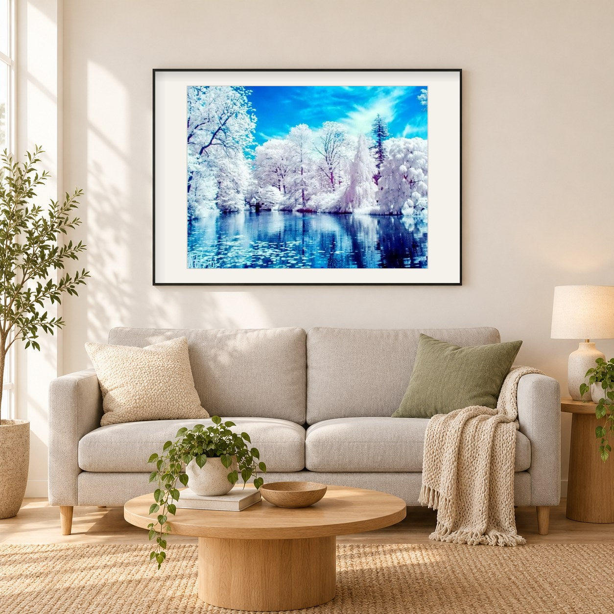 Weiße Bäume am See als gerahmtes Diamond Painting im Wohnzimmer