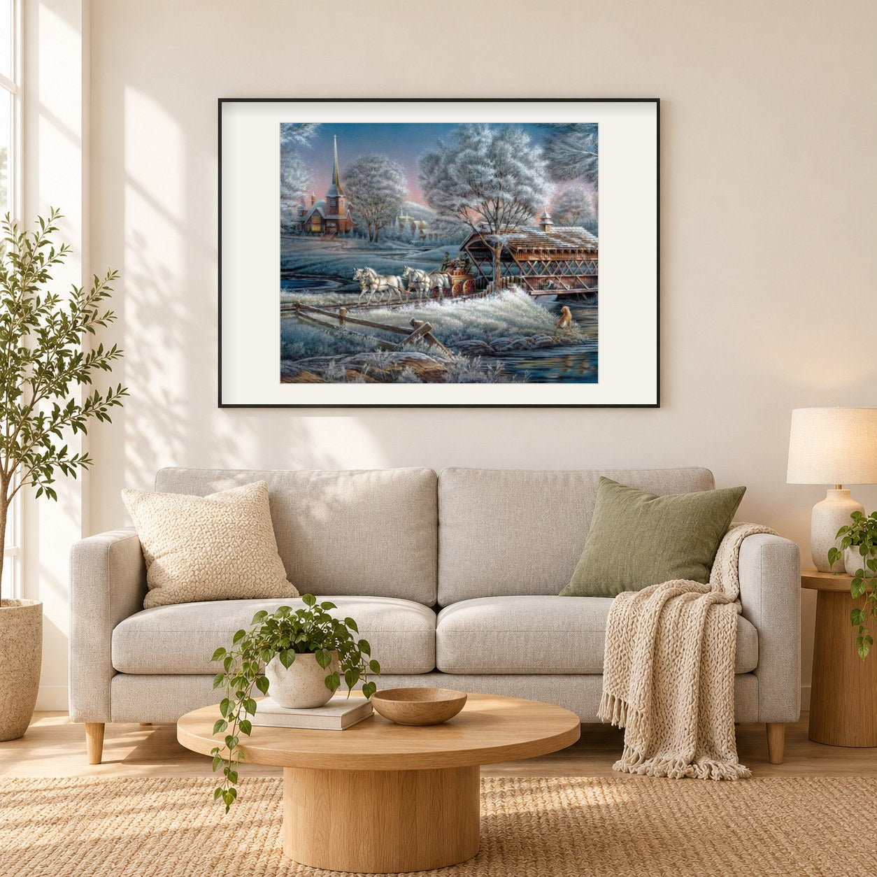 Weiße Bäume & Pferdewagen als gerahmtes Diamond Painting im Wohnzimmer