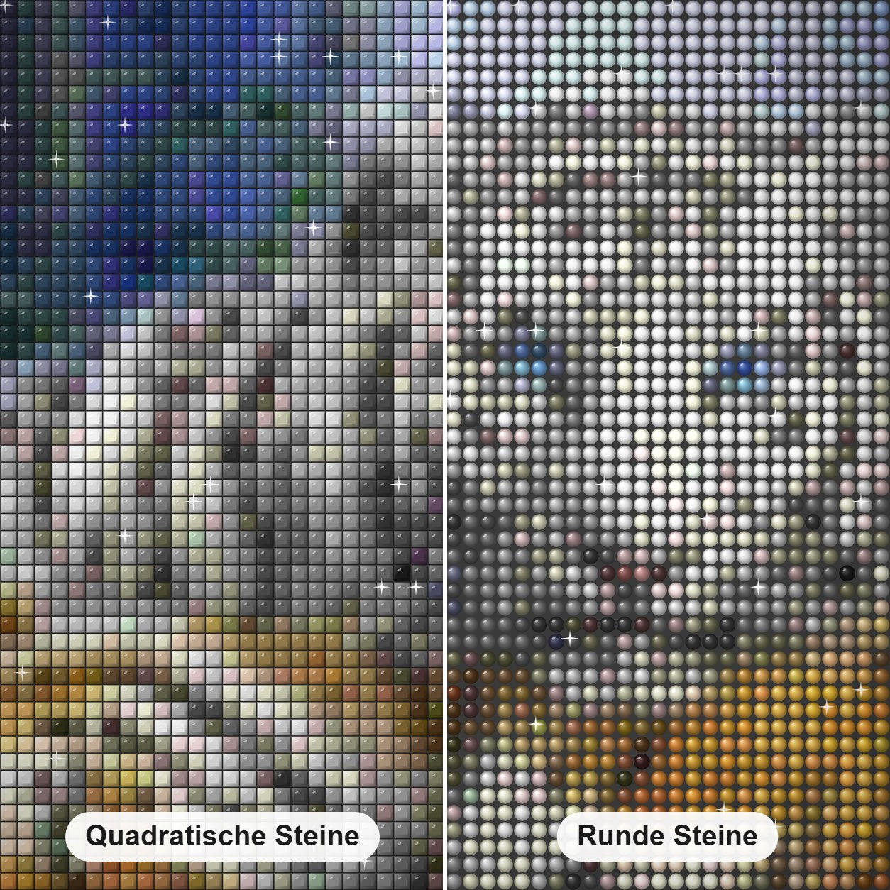 Weiße & braune Tiggern Diamond Painting Nahaufnahme mit quadratischen und runden Steinen