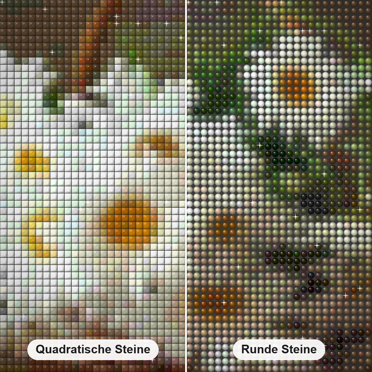 Weiße Gänseblümchen im Korb Diamond Painting Nahaufnahme mit quadratischen und runden Steinen
