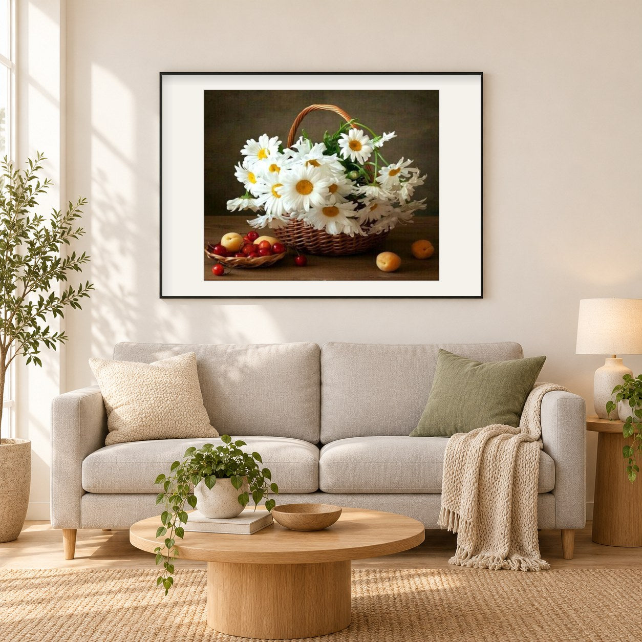 Weiße Gänseblümchen im Korb als gerahmtes Diamond Painting im Wohnzimmer