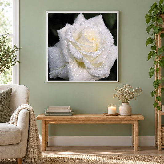 Weiße Rose mit Tautropfen als gerahmtes Diamond Painting im Wohnzimmer