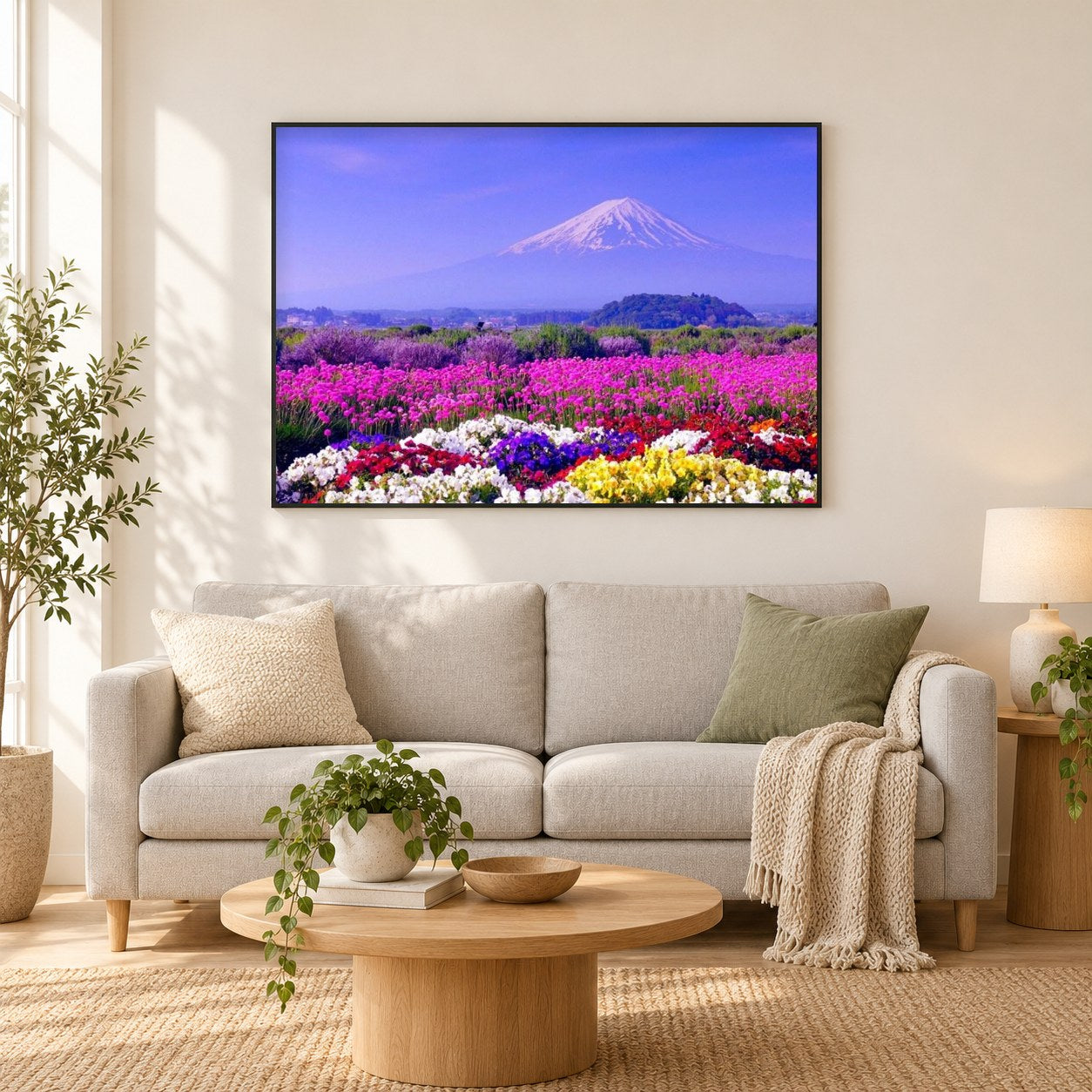 Weißer Berg & bunte Blumen als gerahmtes Diamond Painting im Wohnzimmer
