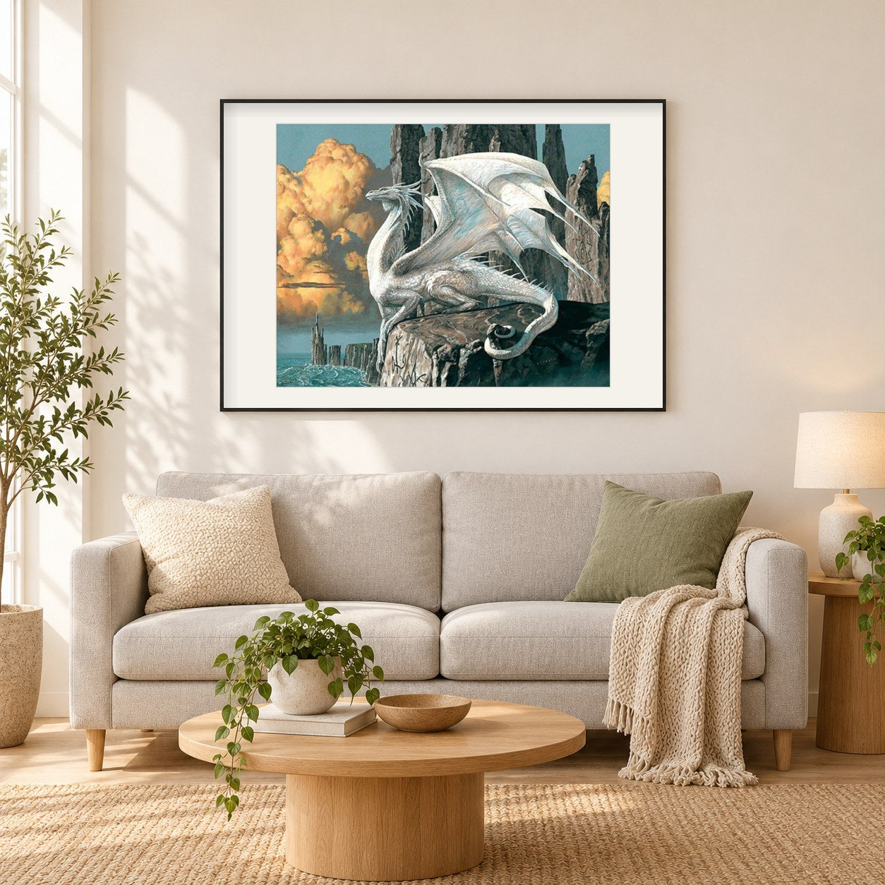 Weißer Drache als gerahmtes Diamond Painting im Wohnzimmer