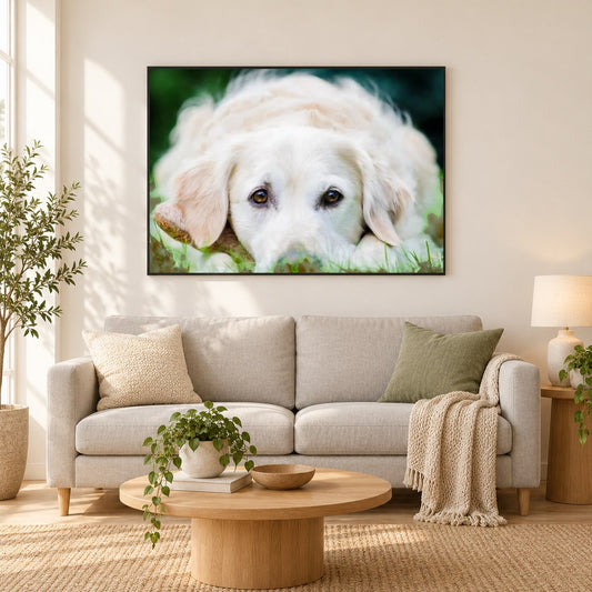 Weißer Golden Retriever Welpe als gerahmtes Diamond Painting im Wohnzimmer