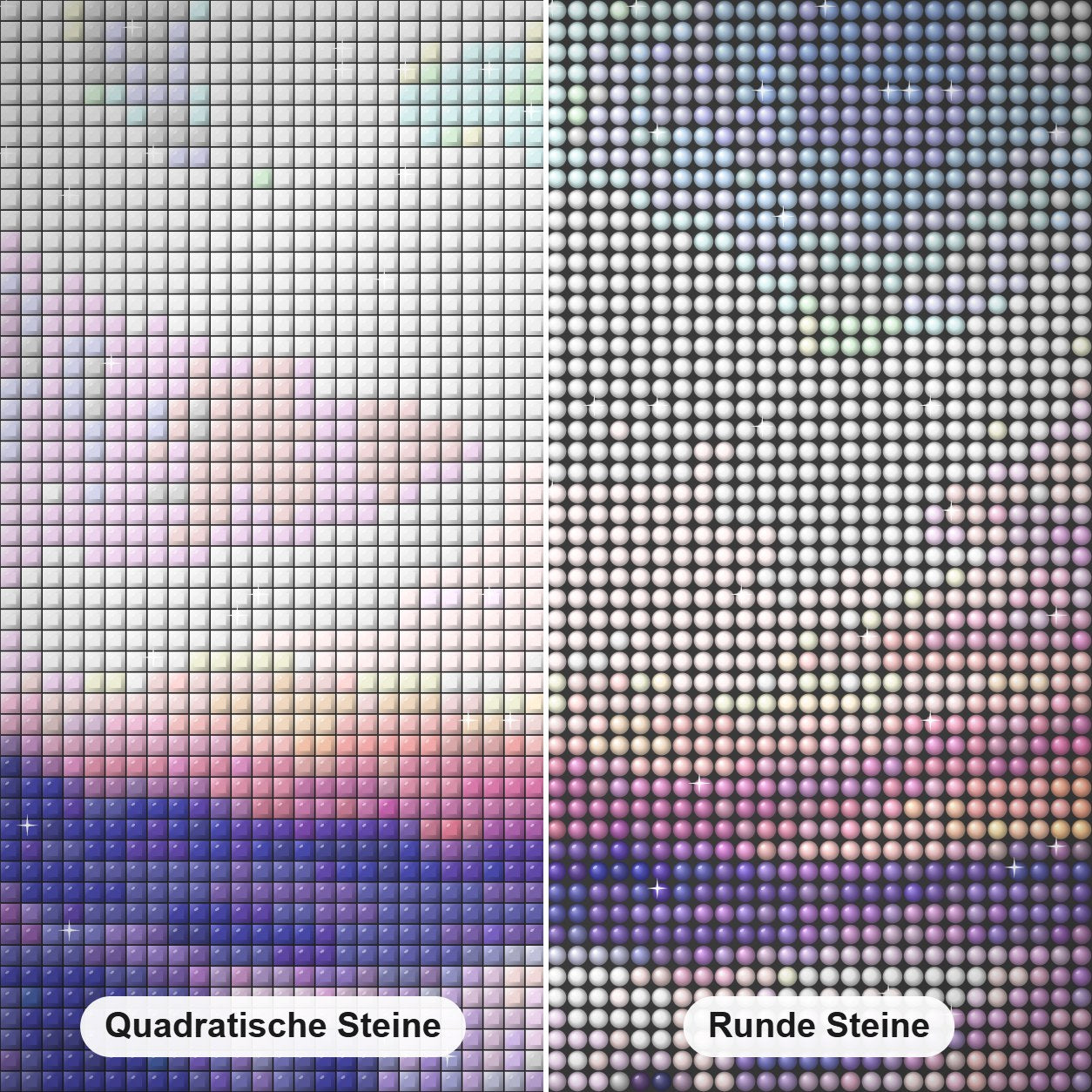 Weißes Siegel Diamond Painting Nahaufnahme mit quadratischen und runden Steinen