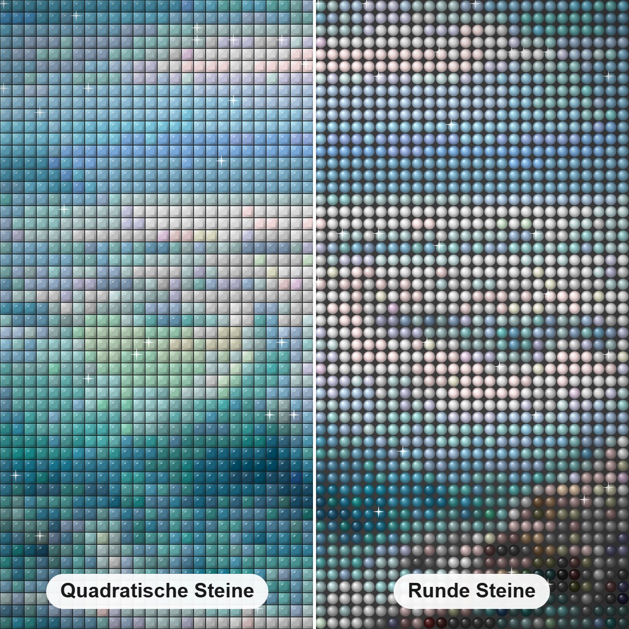 Wellen, die auf Felsen abstürzen Diamond Painting Nahaufnahme mit quadratischen und runden Steinen