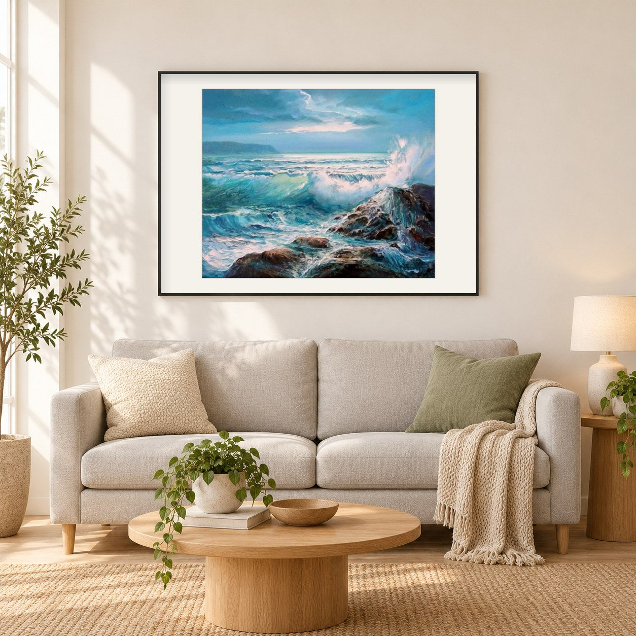 Wellen, die auf Felsen abstürzen als gerahmtes Diamond Painting im Wohnzimmer