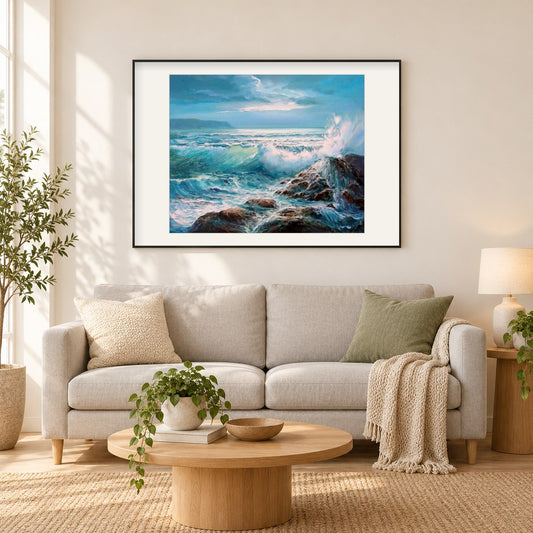 Wellen, die auf Felsen abstürzen als gerahmtes Diamond Painting im Wohnzimmer