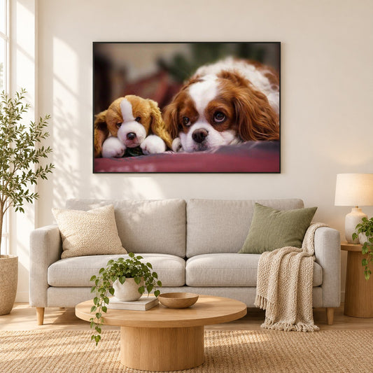 Welpe mit einem Spielzeug als gerahmtes Diamond Painting im Wohnzimmer