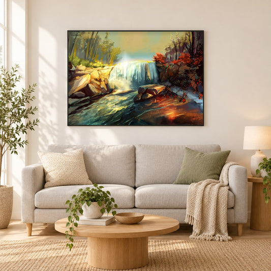 Whitney Portal fällt - Kunst des Jean Guillet als gerahmtes Diamond Painting im Wohnzimmer