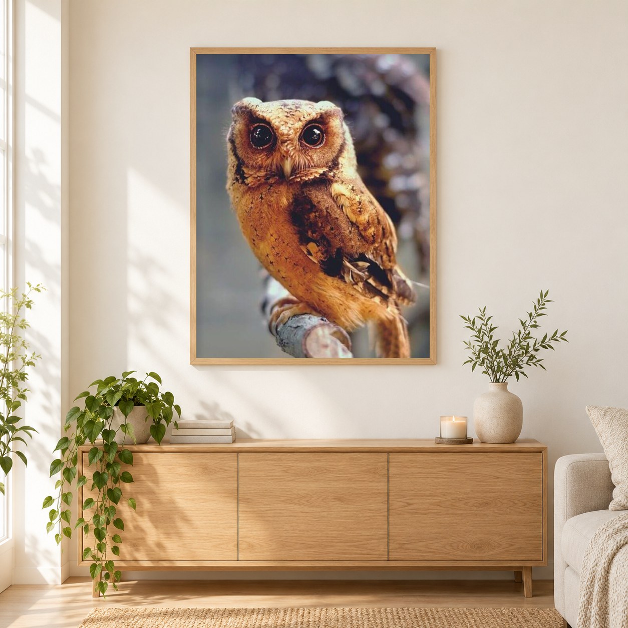 Wilde Eule als gerahmtes Diamond Painting im Wohnzimmer