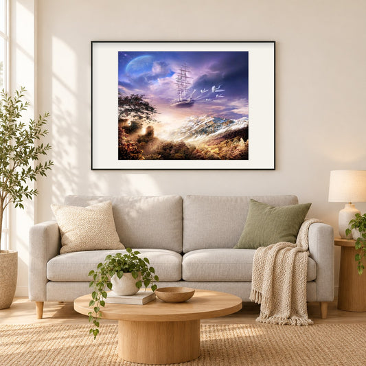 Windjammer Abstrakte Kunst als gerahmtes Diamond Painting im Wohnzimmer