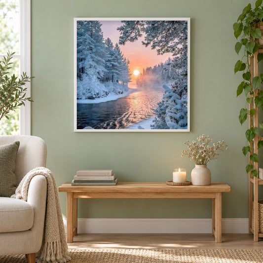 Winter Bäume und Sonnenuntergang als gerahmtes Diamond Painting im Wohnzimmer