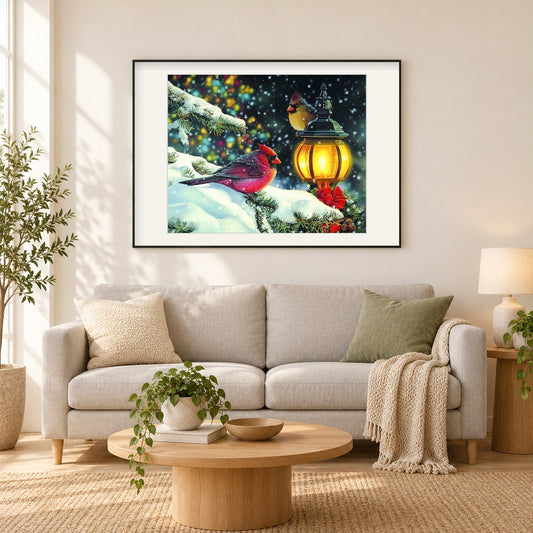 Winter Vögel als gerahmtes Diamond Painting im Wohnzimmer