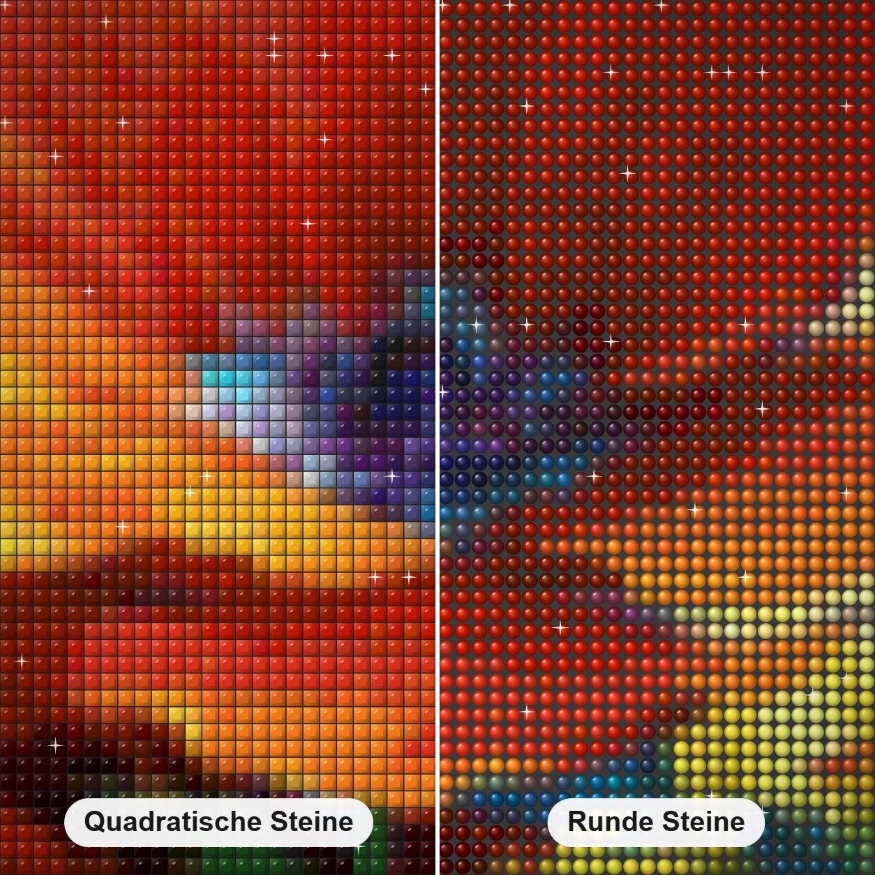 Aus dem Grunde meines Herzens - Kunst des Simon Bull Diamond Painting Nahaufnahme mit quadratischen und runden Steinen
