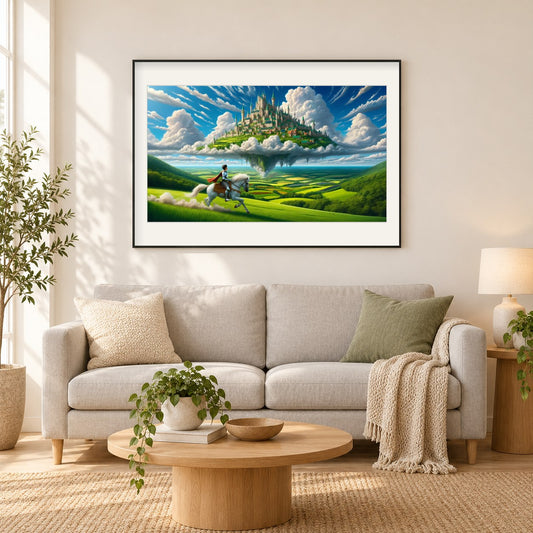 Das Wunder des schwimmenden Schlosses als gerahmtes Diamond Painting im Wohnzimmer