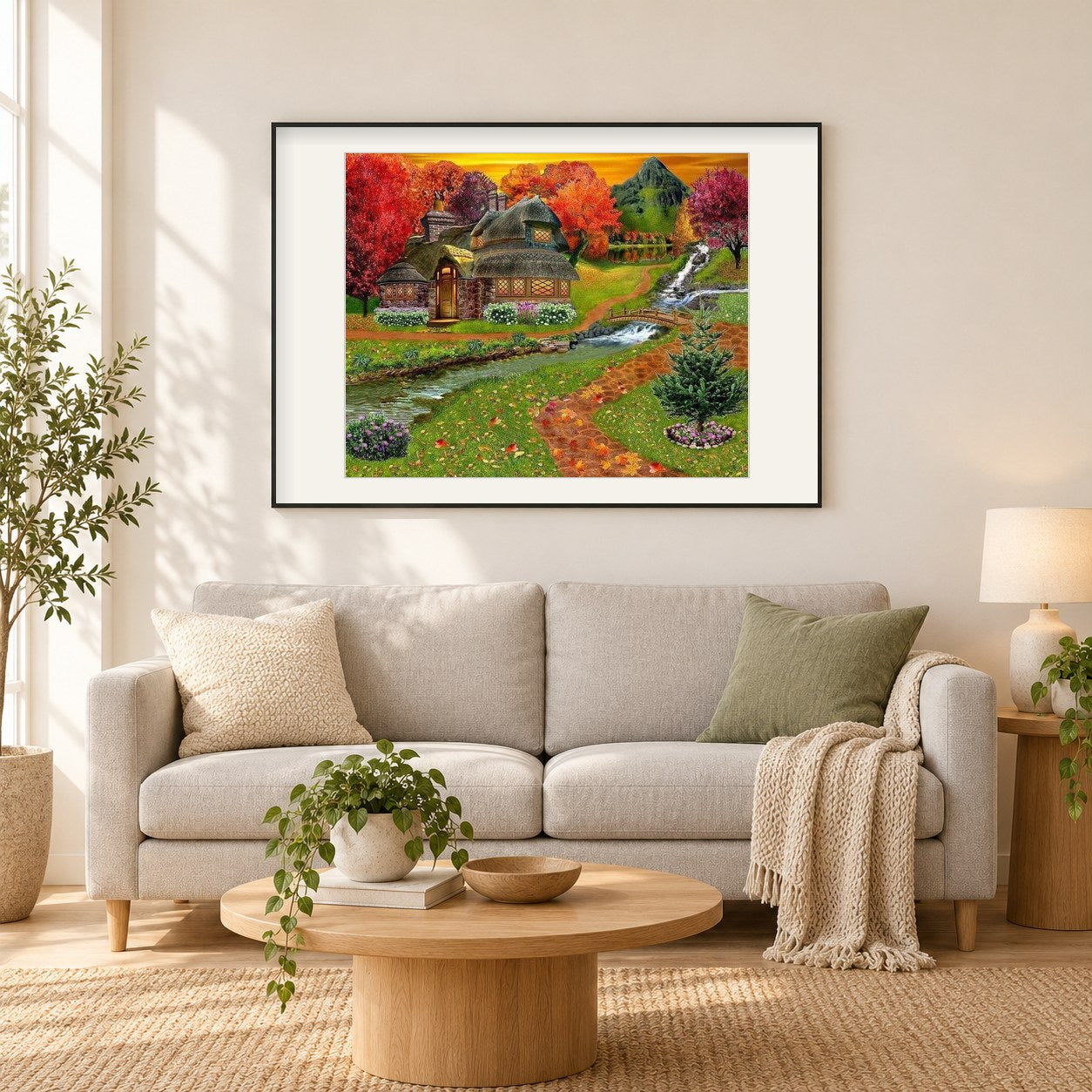Wunderland-Landschaft als gerahmtes Diamond Painting im Wohnzimmer