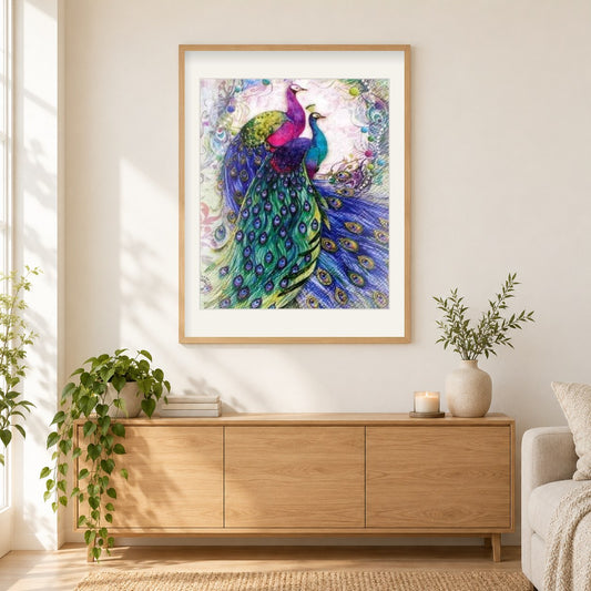 Wunderschöne Pfauenpaar als gerahmtes Diamond Painting im Wohnzimmer