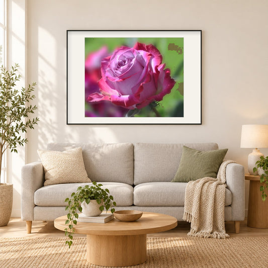 Wunderschöne rosa Rose als gerahmtes Diamond Painting im Wohnzimmer