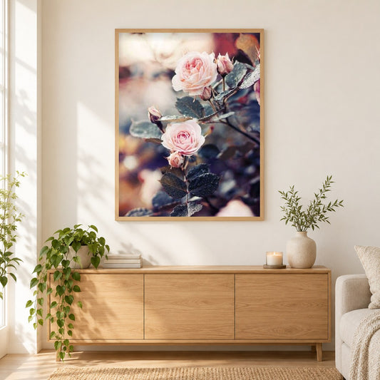 Wunderschöne rosa Rosenpflanze als gerahmtes Diamond Painting im Wohnzimmer