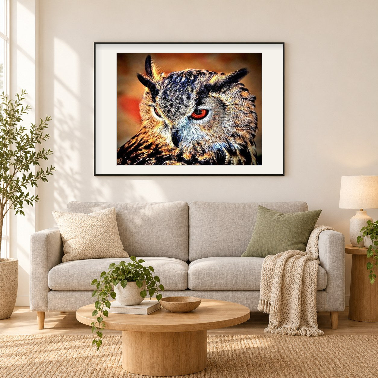 Wütende Eule als gerahmtes Diamond Painting im Wohnzimmer