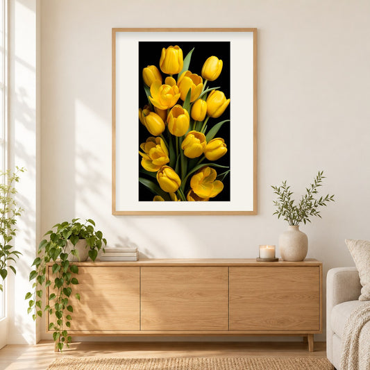 Gelbe Tulpen Frühlingsglück als gerahmtes Diamond Painting im Wohnzimmer