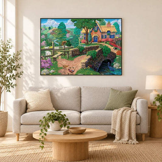 Zaun Schritte Cottage von Joseph Burgess als gerahmtes Diamond Painting im Wohnzimmer