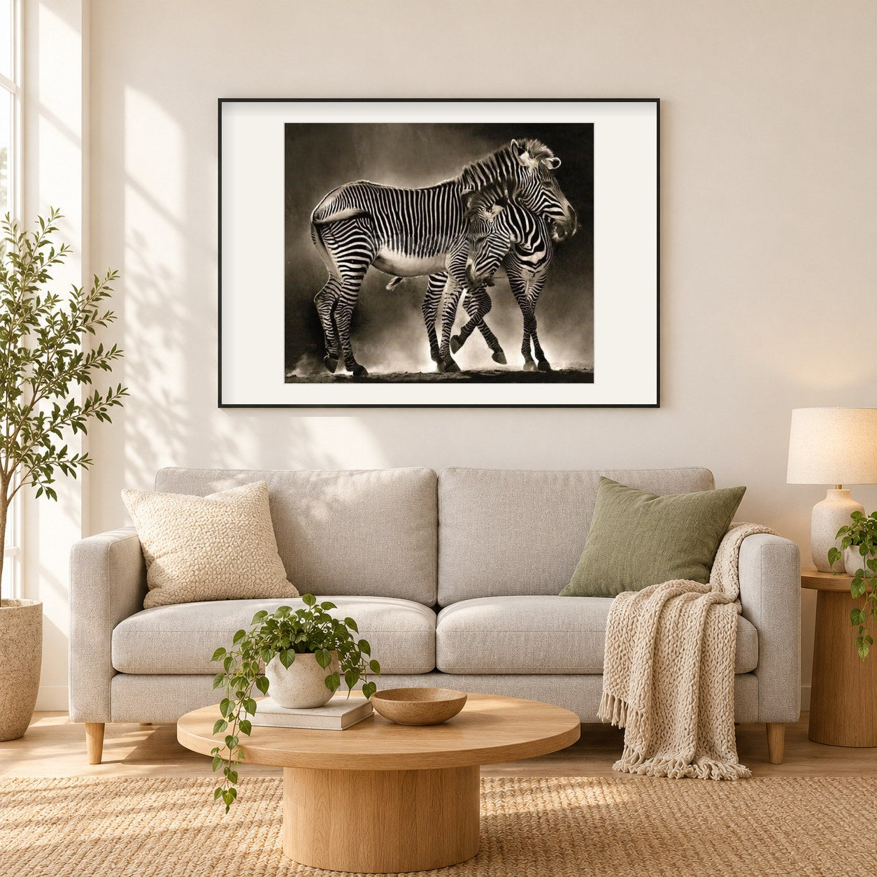 Zebras umarmen sich als gerahmtes Diamond Painting im Wohnzimmer