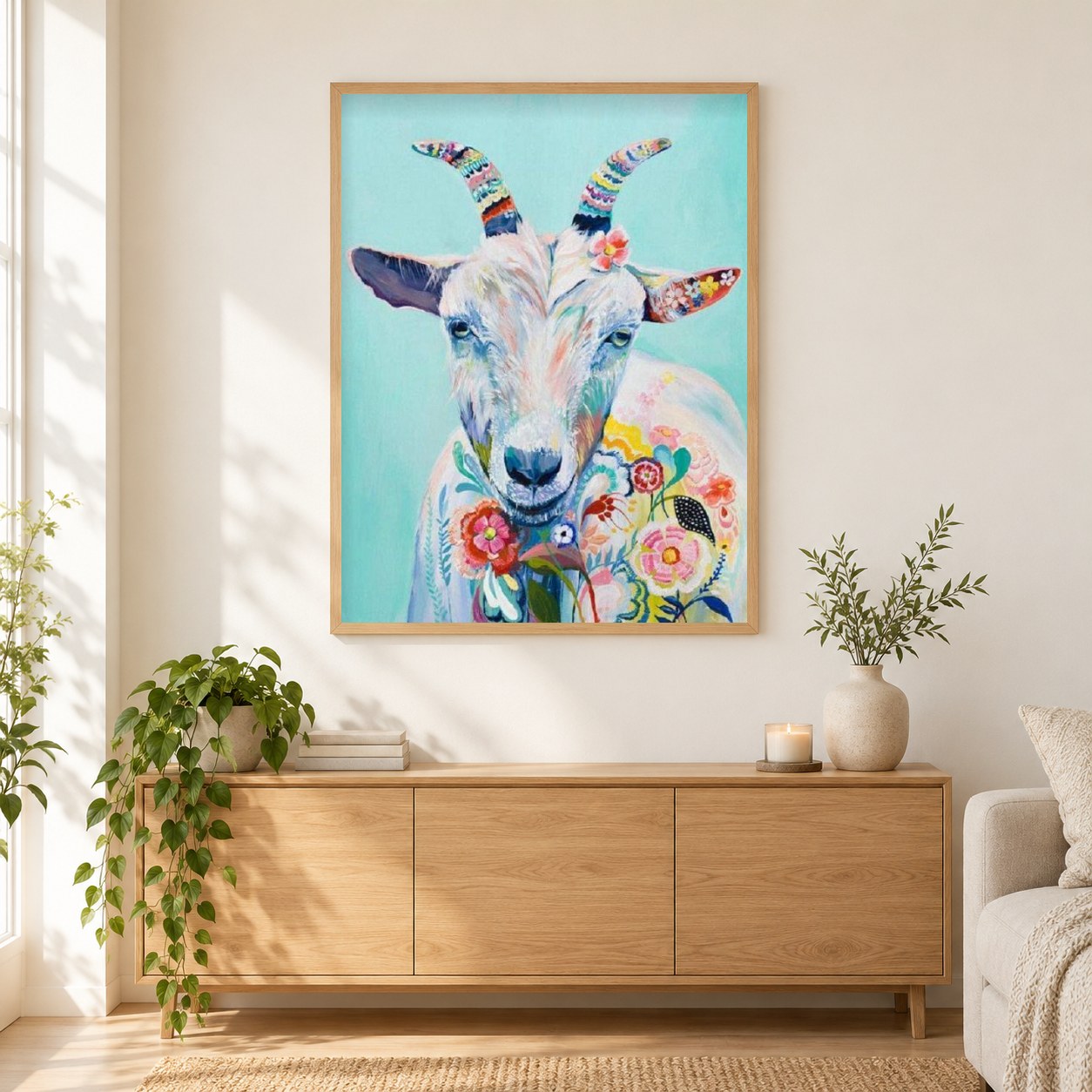 Ziege Blumenkunst als gerahmtes Diamond Painting im Wohnzimmer
