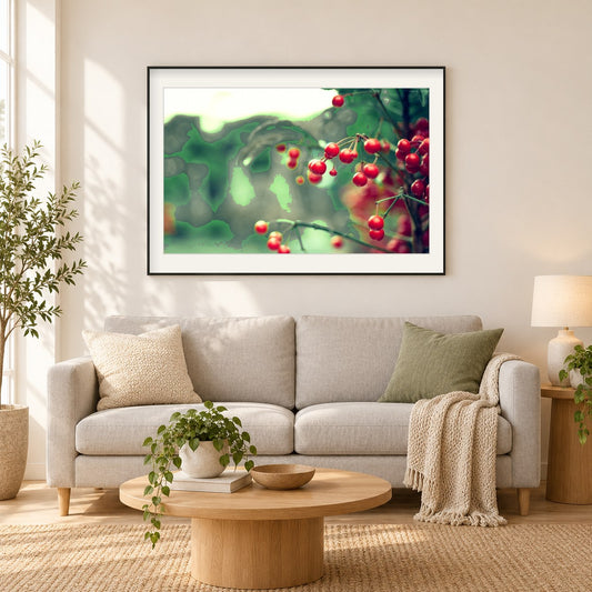 Zweig rote Beeren Blätter als gerahmtes Diamond Painting im Wohnzimmer