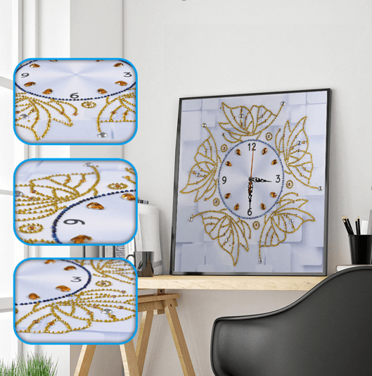 Goldene Blumen Uhr - Diamant in Sonderform - Diamond Painting