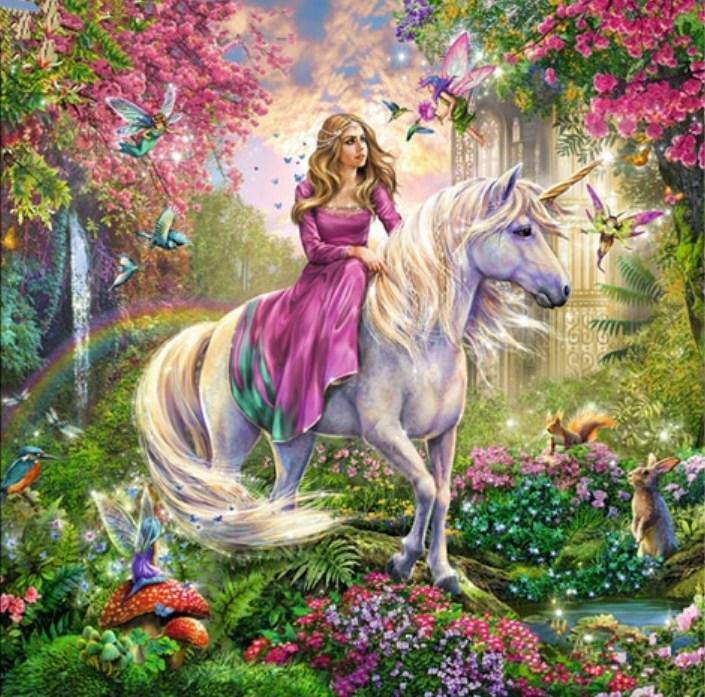 Schönes Mädchen, das das Einhorn reitet - Diamond Painting
