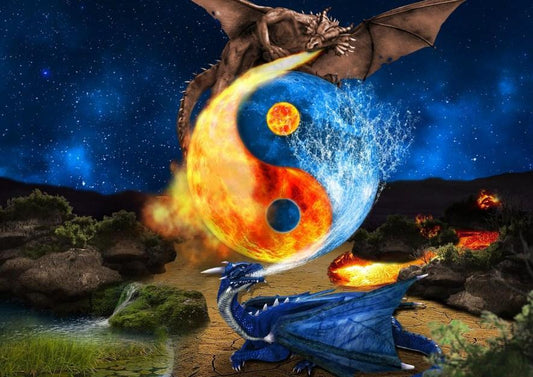 Feuerdrache und Wasser Drachen kämpfen - Diamond Painting