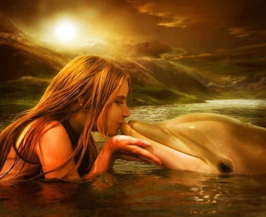 Mädchen, das den Delphin küsst - Diamond Painting