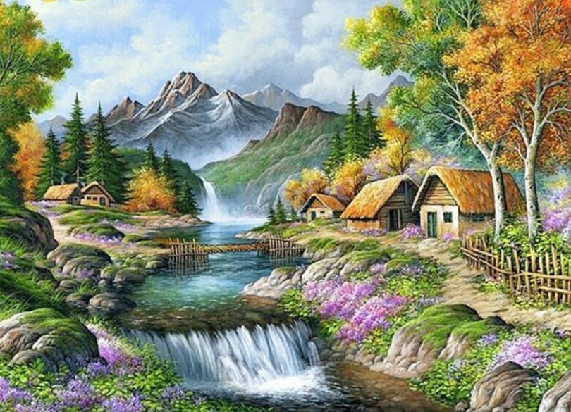 Berg Wasserfall & schönes Tal - Diamond Painting