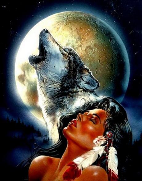Einheimische Frau und Der Wolf - Diamond Painting